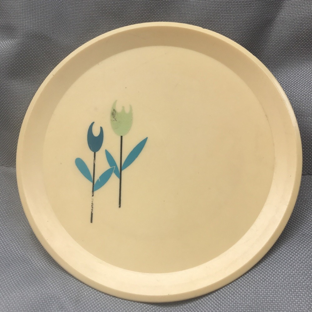 Ohio Art Plastic Plate Gold‎ Plate Blue Green Flowers